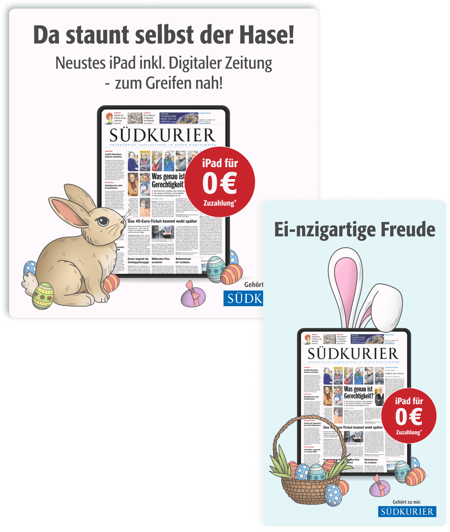 Custom illustration ad design in square and story format for S&Uuml;DKURIERs Easter Bundle campaign, featuring custom Easter-themed illustrations and promotional messaging.